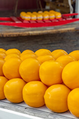 Detail of edam cheeses, town cheese market, Edam, North Holland, Netherlands