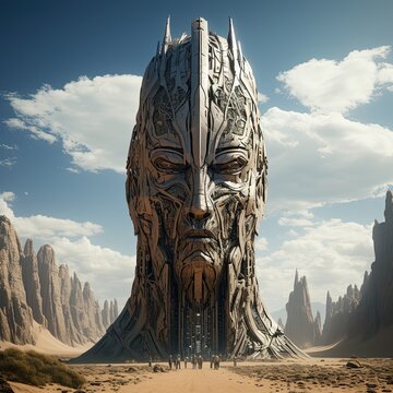 Giant figure of alien as old building. Generative AI