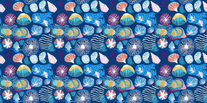  Seamless trendy underwater shell clam repeat background. Tropical modern seashell coastal pattern clash fabric coral reef border print for summer beach textile banner edge with a linen cotton effect.