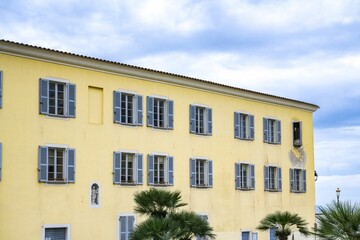 Ancient colorful houses in the historic center of Ajaccio, France.