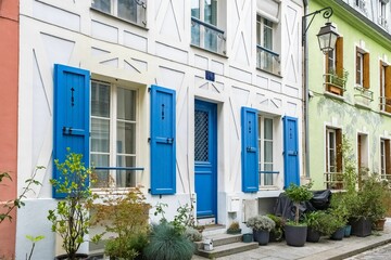Fototapeta na wymiar Scenic view of colorful houses rue Cremieux in Paris, France