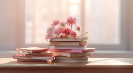 Books and flowers on the table in the room. Education concept.