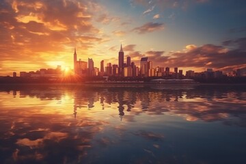City skyline at sunset with reflection