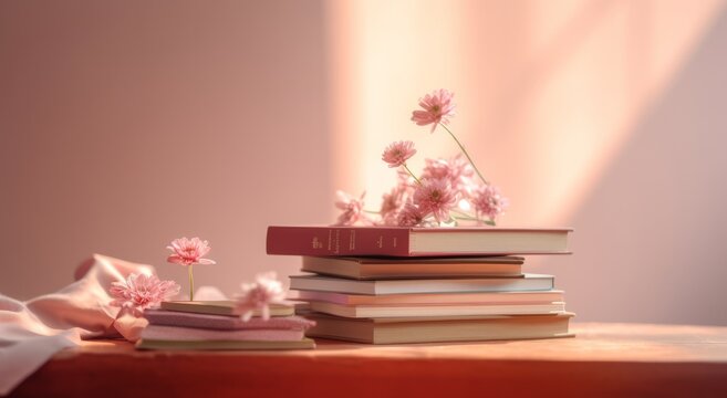 Books and pink flowers on wooden table in sunlight. Back to school concept.