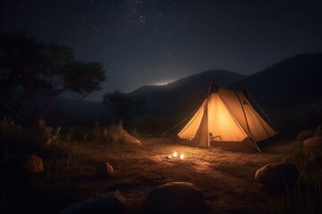 Camping in the mountains at night with a beautiful starry sky