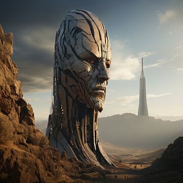 Giant figure of alien as old building. Generative AI