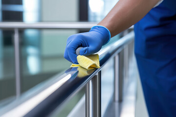 A person cleaning a hospital railing with blue gloves. - obrazy, fototapety, plakaty