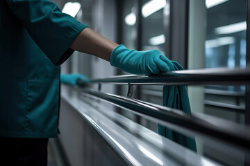A person wearing blue shirt and gloves