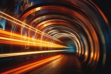 Abstract motion blur of car on the road in tunnel at night