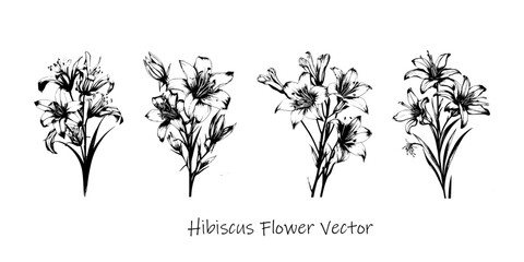 Vector black silhouettes of flowers isolated on a white background.