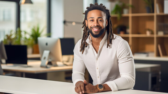 Smiling black man with dreadlocks on the background of the office. Office worker