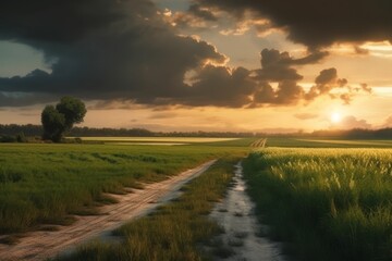 Sunset in the rice field. Beautiful landscape with cloudy sky.