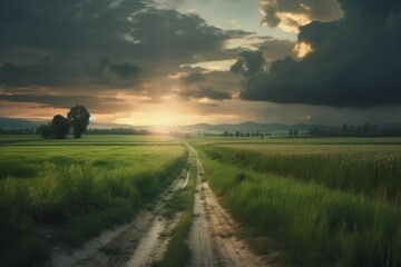 Rice field and road at sunset time. Nature landscape background.