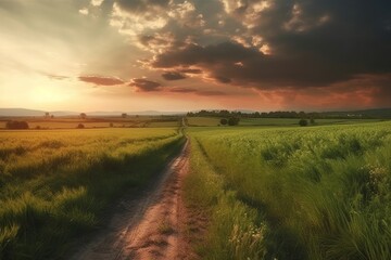 Obraz premium Dirt road through green field at sunset. Beautiful rural landscape.