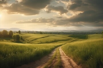 Dirt road in the meadow at sunset. Beautiful landscape.