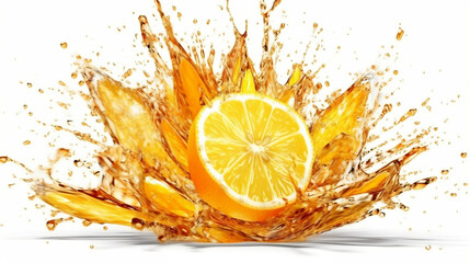 Orange explosion, fresh sliced flying in the air, juice water splashing isolated on white background, vitamin c, healthy food, baverage advertising, antioxidant, summer concept.