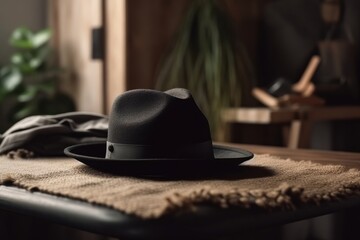 Black hat on table in room, closeup. Space for text