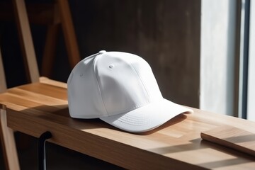 White baseball cap on a wooden table in the room. Side view.