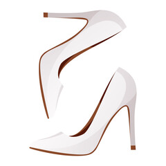 Wedding pair of white bride high heel shoes. Bride's slipper. Her happy day. Wedding day accessories, decorations. Celebrate marriage, save the date ceremony. Vector