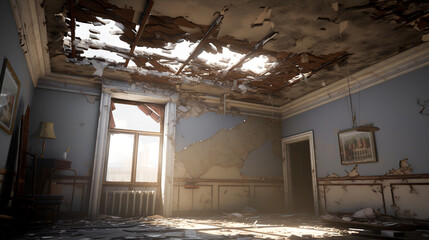 Fototapeta na wymiar Destroyed ceiling in the apartment