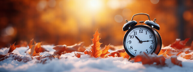 alarm clock on snow with leaves, generative ai