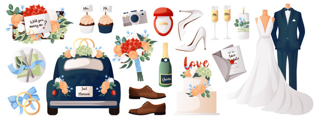 Set of wedding accessories, decorations. Cake with flowers, champagne glasses, bride groom cupcakes, engagement ring, proposing card, car, dress. Celebrate marriage, save the date ceremony. Vector