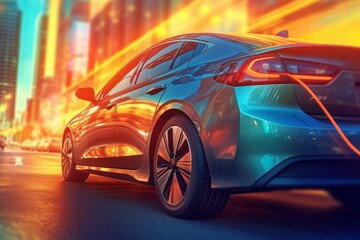 Electric car charging on the street at night. 3d rendering.