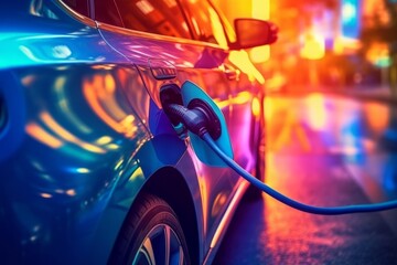 Charging an electric car in the city at night. Selective focus.