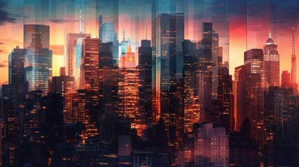 Double exposure of New York City skyline and skyscrapers at sunset