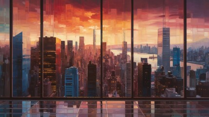 Double exposure of New York City skyline and skyscrapers at sunset