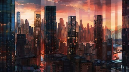 Double exposure of skyscrapers and cityscape at sunset, Business concept