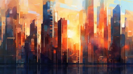 Abstract city background with skyscrapers. Digital painting. 3D rendering