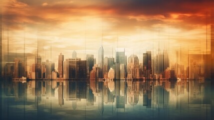 Fototapeta na wymiar Double exposure of cityscape at sunset. Business and finance concept.