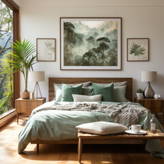 A bedroom with a photo of the tropical rainfores 
