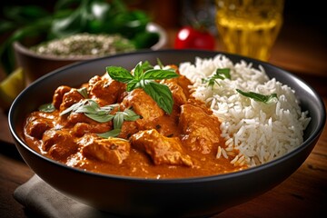 Chicken tikka masala with rice in a bowl on wooden background - obrazy, fototapety, plakaty