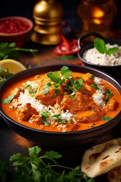 Chicken tikka masala with rice and spices. Indian cuisine