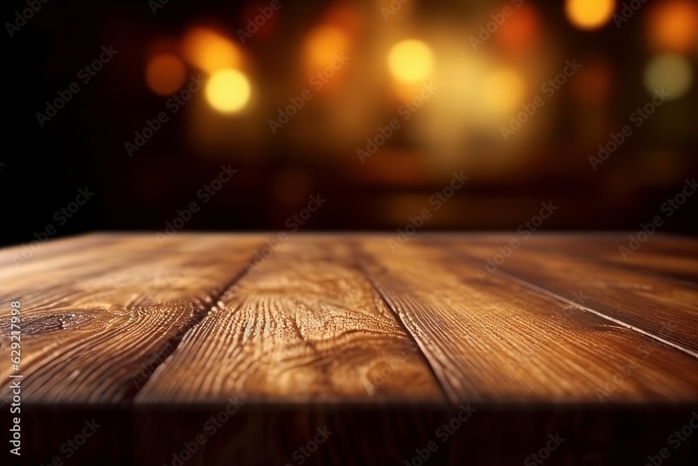 Wall mural empty wooden table in front of abstract blurred background. ready for product display montage.