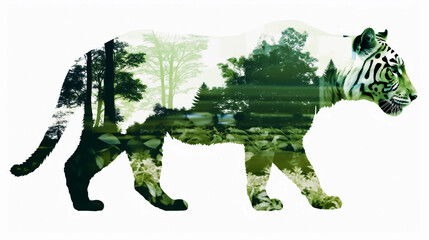 double exposure silhouette of a tiger and forest tree