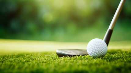 golf ball and golf club on grass, generative ai