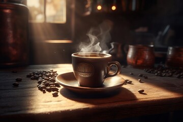 Coffee cup and coffee beans on wooden table in coffee shop