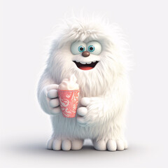 Furry yeti character creature in winter landscape with ice-cream