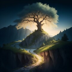 Fantasy landscape with a lonely magic tree in the top mountain