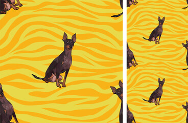 Sketch-style dogs on a bright yellow zebra. Elegant, soft seamless background, abstract pattern with English toy terrier shapes and outlines, for Dog Lovers. Birthday present wrapping paper.