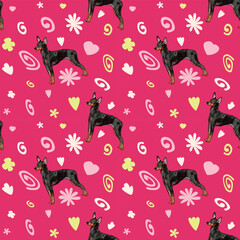 Summer pattern with spirals, leaf, flowers and English toy terrier. Bright colors. Elegant, soft seamless background, abstract summer pattern with hand-drawn colorful shapes. Delicate, gender-neutral.