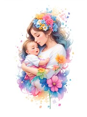 Watercolor of Mother Holding a Baby in Hand. Happy Mother's Day concept. Generative Ai