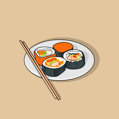 illustration of a Japanesefood. sushi on a white plate. Various sets of various sashimi, maki and sushi rolls with different fillings - tuna, sea bass, salmon, shrimp, vegetables. Flatlay copy space