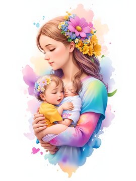 Watercolor of Mother Holding a Baby in Hand. Happy Mother's Day concept. Generative Ai