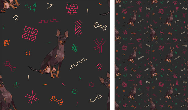 Abstract ethnic pattern with english toy terrier on a black background, juneteenth seamless pattern with hand-drawn lines. Summer seamless pattern with dogs and abstract colorful shapes. Wild cartoon 
