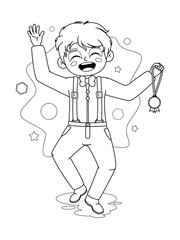 Coloring page. Joyful Schoolboy Leaping with a Medal