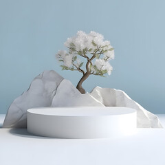 White color podium mockup with tree. Realistic 3d vector podium for cosmetics presentation with window shadow on the wall. Elegant visual background for advertising women makeup, cosmetics or beauty